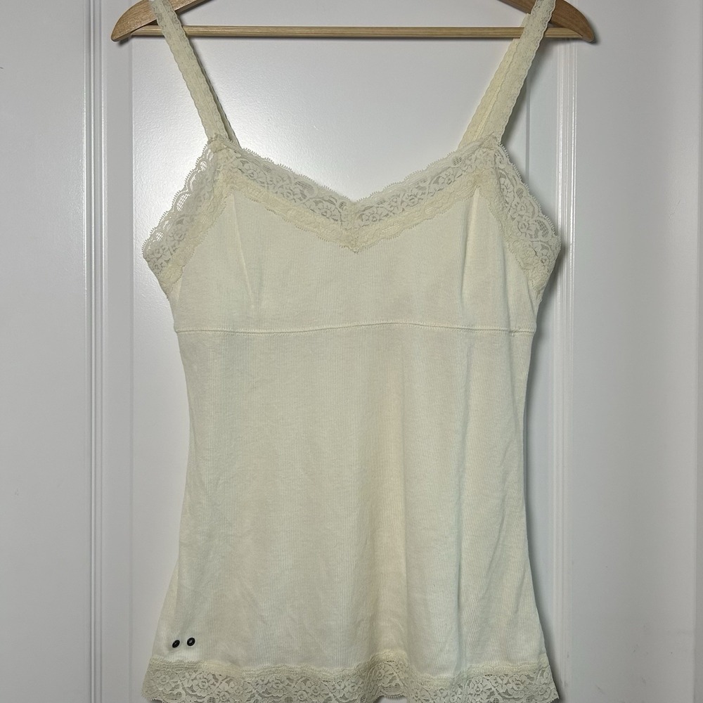 Converse One Star Vintage Y2K Cotton Blend Cream Ribbed Lace Trim Cami Tank Top